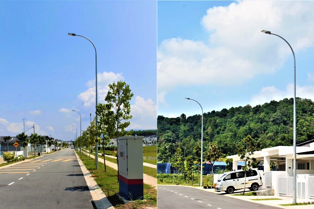 Современные уличные фонари для жилых районов с установленным столбом